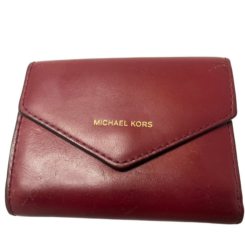 Michael Kors Burgundy Red trifold leather envelope wallet w/ gold brand stamp